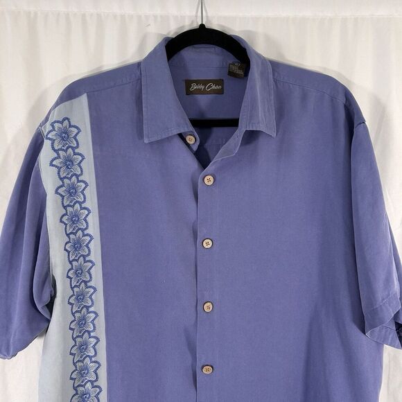 Bobby Chan Silk Hawaiian Shirt Men's XL Blue Floral Short Sleeve Button Up - Picture 2 of 7